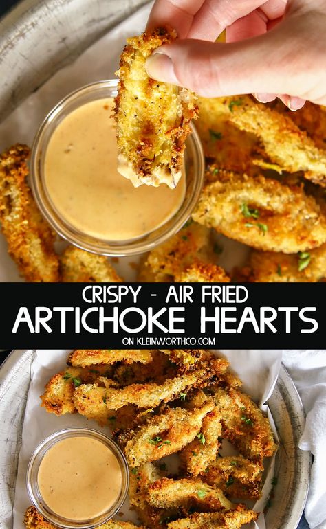 Crispy Air Fried Artichoke Hearts are a simple & easy appetizer. These delicious panko coated artichoke hearts are the hit of every party. Perfect for backyard BBQ’s & every holiday. #ad #StepOutOfYourComfortFood @ReeseSpecialty #airfryer #artichokes #fried #crispy #appetizers #partyfood #tailgating #gameday #snack #airfryerrecipes #easyrecipes Air Fried Artichoke Hearts, Crispy Appetizers, Fried Artichoke Hearts, Fried Artichoke, Air Fryer Recipes Vegetarian, Air Fried Food, Air Fryer Oven Recipes, Air Fry Recipes, Artichoke Recipes