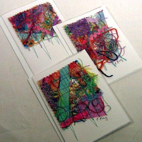 Fabric Note Cards, Scraps Of Fabric, Scrap Fabric Projects, Fabric Postcards, Folded Fabric, Fabric Cards, Xmas Trees, Textile Fiber Art, Paper Embroidery