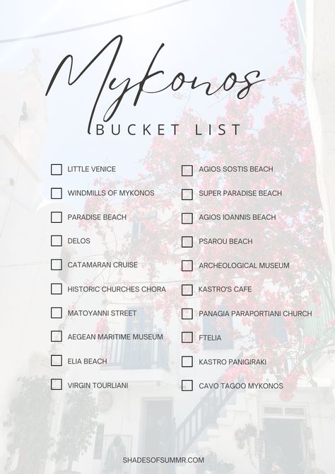 Mykonos Bucket list with white house and pink flowers in the background Mykonos Travel, Things To Do In Mykonos, Mykonos Outfit Ideas, Mykonos Things To Do, Summer In Mykonos, Mykonos Beach, Things To Do In Mykonos Greece, Mykonos Honeymoon, Greece Travel Itinerary