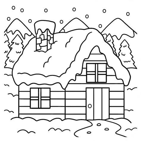 Christmas House Doodle, Cozy Winter Coloring Pages, Christmas House Drawing, House Coloring Pages For Kids, Cottage Drawing, Simple House Drawing, Winter Vector, Winter Coloring Pages, House Doodle