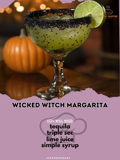 🧙‍♀️✨ Unleash your inner witch with the Wicked Witch Margarita! A magical twist on a classic favorite. 🍹 Wicked Witch Margarita Ingredients: - 2 oz tequila - 1 oz triple sec - 1 oz lime juice - 1 oz simple syrup - Black sanding sugar for rim - Lime wedges for garnish Instructions: 1. Rim glass with black sanding sugar. 2. Fill shaker with ice. 3. Add tequila, triple sec, lime juice, and simple syrup. 4. Shake well and strain into glass. 5. Garnish with lime wedge. 6. Enjoy your spellbindin... Cocktails Margarita, Cocktail Recipes At Home, Halloween Drinks Alcohol, Margarita Ingredients, Rum Cocktail Recipes, Sanding Sugar, Halloween Cocktail, Thanksgiving Cocktails, Pumpkin Chai