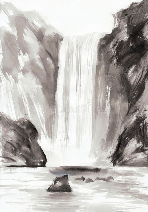 Waterfall Sketch, Waterfall Illustration, Rocks Watercolor, Landscape With Rocks, Waterfall Watercolor, Waterfall Tattoo, Monochromatic Watercolor, Waterfall Drawing, Waterfall Project