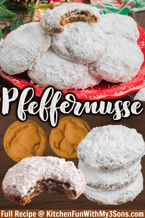 Pfeffernusse is a traditional German spice cookie that's loaded with all the flavors we love for the Holidays. Incredibly soft cookies with molasses, ginger and warm spices, these Pfeffernusse cookies are always the first things to go on a Christmas cookie tray! Pfferneuse Cookies, Cookies With Molasses, German Spice Cookies, Christmas Desert Recipes, Pfeffernusse Cookies, Spice Cookie Recipes, Christmas Cookie Tray, Best Amish Recipes, Cookie Recipes Holiday