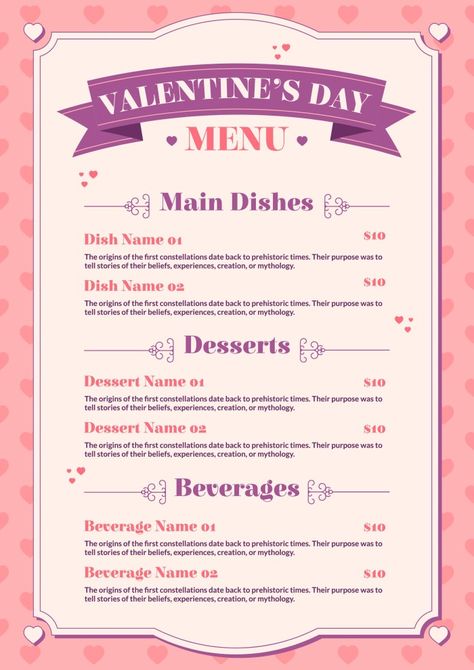 Fake Menu Ideas, Cute Dinner Menu Design, Cute Menu Template, Pink Menu Design, Pink Menu Template, Valentine’s Day Menu Design, Dessert Names, Price List Design, Cookies Branding