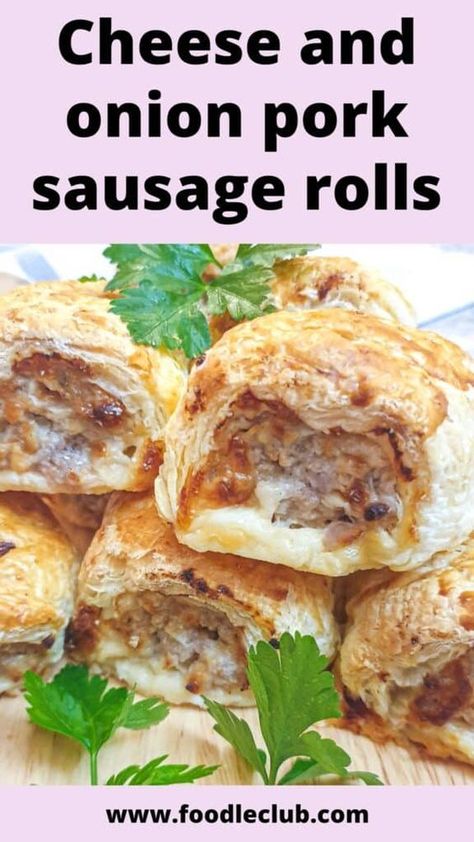 The festive season wouldn't be complete without lots of snacks. These little cheese and onion pork sausage rolls make the perfect quick lunch for those days when you're too busy to cook, and they are great for handing round when unexpected guests arrive. #foodleclub #homemade #sausagerolls #homemadesausagerolls #cheeseandonionsausagerolls #cheeseandonionrolls #partyfood #christmassnacks Sausage And Cheese Rolls, Cheese And Onion Sausage Rolls, Pork Sausage Rolls Recipes, Sausage Roll Ups, Pork Sausage Rolls, Puff Pizza, Popper Bites, Panda Food, Phyllo Recipes