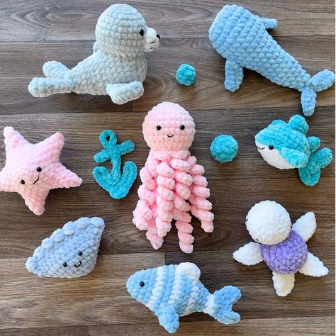 Crochet Projects For Beginners Animals, Crochet Beach Animals, Crochet Plushies Animals, Crochet Sea Bunny, Crochet Ideas For Kids Gifts, Cute Crochet Animals Easy, Crochet Animal Ideas, Marine Crochet, Sea Animal Crochet