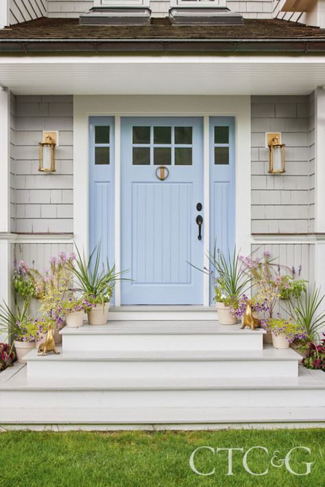 Benjamin Moore Sunrise, Blue Entry Doors, Baby Blue Front Door, White House Blue Door, Light Blue Front Door, Coastal Front Door, Light Blue Door, Beach Shack Exterior, Beach House Front Door