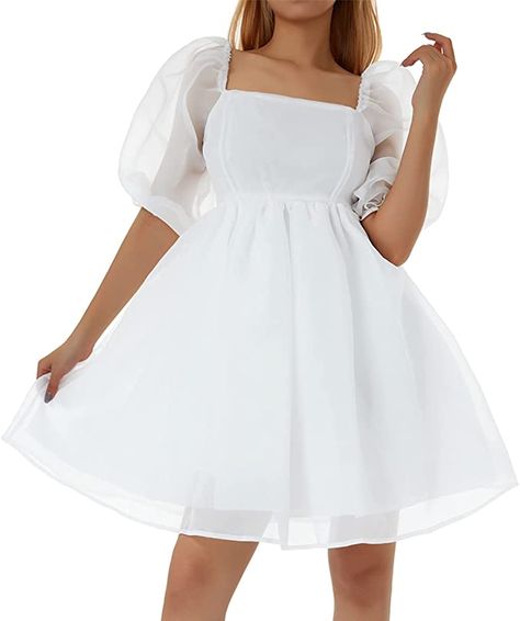 Piacakece Women Cute Puffy Dress Printed Bell Sleeve Square Neck Mesh Ruffle Bubble Dress (A-White,XL at Amazon Women’s Clothing store Bridgerton Experience, Princess Mini Dress, Fairy Mini Dress, White Butterfly Dress, Tulle Princess Dress, Night Party Dress, Hand Dress, Dress With Puffy Sleeves, Puffy Skirt