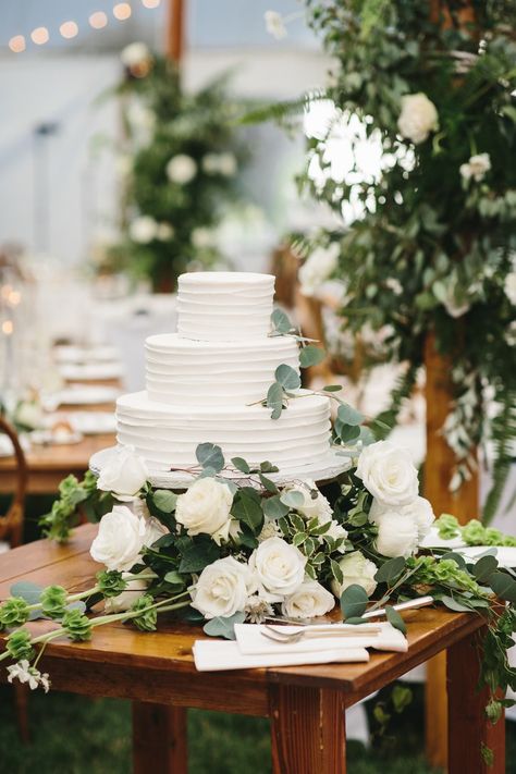 simple eucalyptus accented wedding cake #weddingcake #weddingflorals #reception #simpleweddingcake #weddingdetails #elegantwedding #weddingcakes Wedding Cake Fresh Flowers, Rustic Wedding Decorations, Elegant Modern Wedding, Lace Wedding Cake, Floral Wedding Cakes, Romantic Wedding Cake, Wedding Cake Table, Unique Wedding Flowers, Wedding Cake Rustic