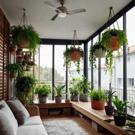 Modern home balcony with nature concept. Plants #BalconyDecor #GreenLiving #OutdoorOasis Yoga Balcony, Plant Sunroom, Aesthetic Greenhouse, Zen Balcony, Urban Gardening Balcony, Green Balcony, Covered Backyard, Lush Plants, Balcony Design Ideas