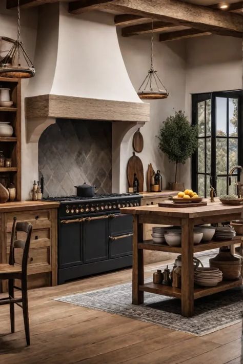 Belgian Style Kitchen, French Range Hoods, French Country Wood Kitchen Island, Modern French Farmhouse Style, French Eclectic Kitchen, Kitchen With Hearth, Stone Range Hood Kitchen, Limestone Hood Kitchen, Kitchen Hood Backsplash Ideas