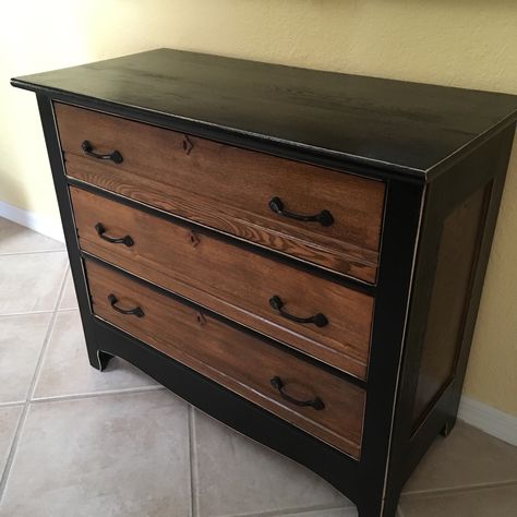 Series of Black and Oak pieces. #1 Antique 3 drawer dresser in Ace black satin oil paint. Drawers stained with minwax Provincial  stain. Stained Wood Dresser, Black And Wood Dresser, Natural Wood Dresser, Cheap Furniture Makeover, Easy Furniture Makeover, Stained Dresser, Diy Furniture Makeover Ideas, Dresser Furniture, Diy Dresser