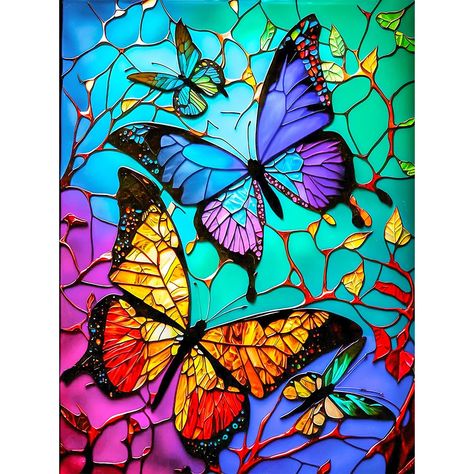 Diamond Painting-5D Full Round Drill Stained Glass Butterfly Canvas Board Painting, Buddha Canvas, Space Living Room, Stained Glass Butterfly, Stitch Pictures, Cross Stitch Pictures, Glass Butterfly, Diy Diamond Painting, Art Kits