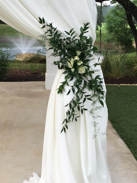 Wedding Arch Drapery And Flowers, Draping Greenery Wedding, Decorate Tent Poles For Wedding, Wedding Arbor Greenery Draping, Floral Arch With Drapes, Floral Curtain Tie Backs Wedding, Back Drops For Weddings Receptions, Wedding Columns, Elegant Engagement Party