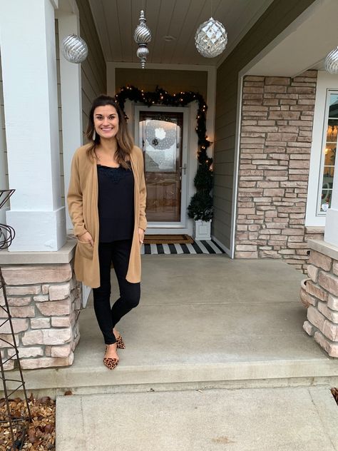 Simple outfit for work - black pants, tan cardigan, lace cami, leopard flats. #justpostedblog #ShopStyle #shopthelook #MyShopStyle #OOTD #winteroutfit All Black Outfit With Tan Cardigan, Black Shirt With Cardigan Outfit, Tan Cardigan Sweater Outfit, Tan Flats Outfit Work, Tan Cardigan Outfit Work, Tan Cardigan Outfit Winter, Tan Flats Outfit, Khaki Cardigan Outfit, Allyson Core