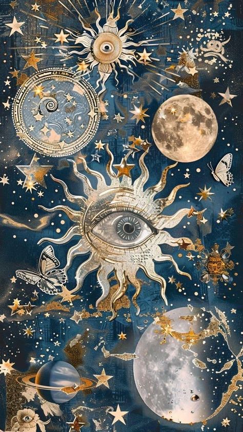 Aesthetic Celestial Wallpaper, Grey And Gold Color Scheme, Cute Wallpaper For Phone Aesthetic Blue, Blue Silver Wallpaper, Blue Gold Color Scheme, Blue And Gold Celestial Aesthetic, Deep Grey Aesthetic, Whimsigoth Sun And Moon, Silver Foil Art