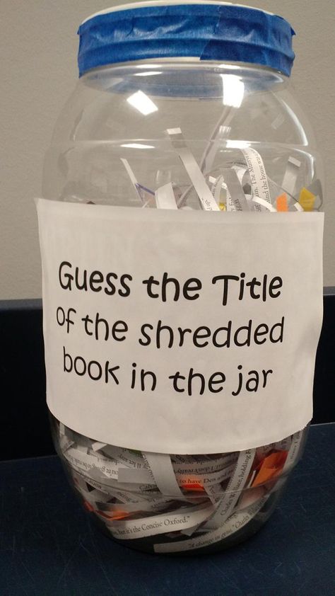 Guess How Many In A Jar Ideas, Jar Guessing Game Ideas, Guessing Jar Ideas, Book Jar, Guessing Jar, Weekly Challenges, Library Programming, Book Themed Party, Teen Books