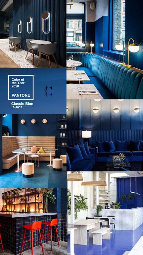 Restaurant bar and cafe interiors inspired by the Pantone color of the year 2020 Classic Blue Venue Interior, Small Space Look Bigger, Blue Restaurant, Cafe And Bar, Cafe Interiors, Interior Restaurant, Blue Cafe, Blue Interior Design, Bar Interior Design