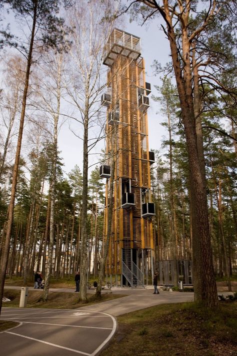 Observation Tower designed by ARHIS - photo by Arnis Kleinbergs, via archdaily; at the Dzintaru Mezaparks in Jurmala, Latvia Observatory Architecture, Bird Watching Tower, Observation Tower, Landscape Structure, Lookout Tower, Tower Design, Watch Tower, Architecture Model, Urban Design