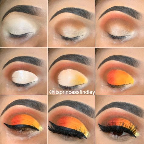 Sunset Eyeshadow Looks Step By Step, Yellow And Red Eyeshadow Looks, Orange Eyeshadow Looks Step By Step, Easy Fall Makeup Looks For Brown Eyes, Fall Eyeshadow Looks Step By Step, Eye Makeup Guide, Maquillage Yeux Cut Crease, Peach Makeup, Beginners Eye Makeup