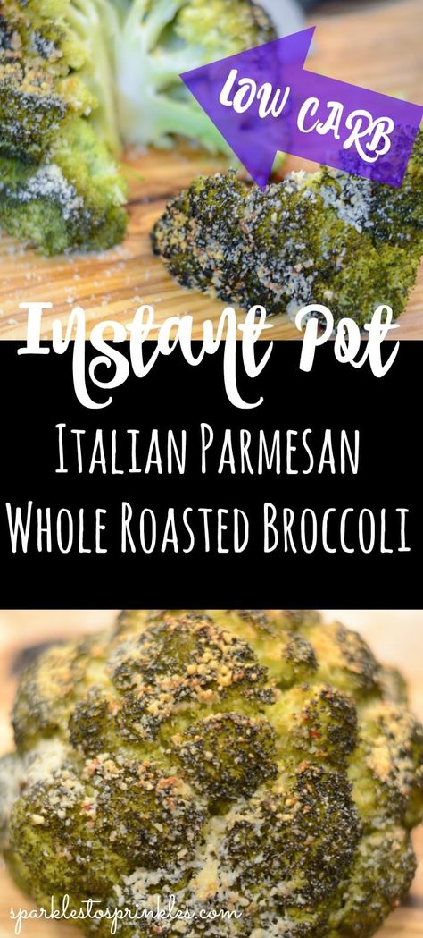 This Instant Pot Italian Parmesan Whole Roasted Broccoli is great to serve as a side dish, or a meal if you are vegetarian. It is hearty, savory, and will leave you reaching for more.  Pin for later! #instantpot #pressurecooker #vegetarian #lowcarbrecipes #ketofriendly Instant Pot Veggies, Instant Pot Italian, Roasted Broccoli Recipe, Easy Summer Side Dishes, Garlic Broccoli, Whole Roasted Cauliflower, Broccoli Recipe, Summer Side Dishes, Roasted Broccoli