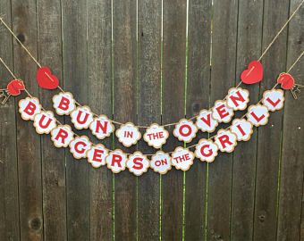 Bun In The Oven, Burgers On The Grill Gender Reveal Banner - Party - BBQ - Baby Announcement- BabyQ- Picnic Babyque Shower, Bbq Baby Shower Decorations, Oven Burgers, Burgers On The Grill, Barbecue Baby Shower, Bbq Decorations, Bbq Theme, Baby Q Shower, Gender Reveal Banner