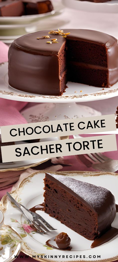 Experience the rich and elegant flavors of this classic Sacher Torte! 🍫🍑 A perfect dessert for special occasions, featuring a dense chocolate cake with apricot filling and a glossy chocolate glaze. #SacherTorte #ChocolateCake #ClassicDesserts #myskinnyrecipes Best Chocolate Cake Design, Chocolate Tart Cake, 15 Layer Cake, Desserts For Special Occasions, Chocolate Glazed Cake, Elegant Cake Recipes, Sachet Torte, Elegant Dessert Recipes, Food Sweet Desserts