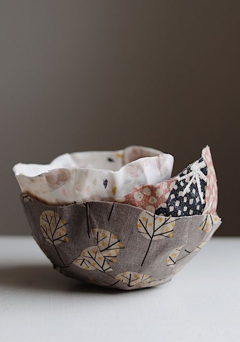 Scrap Fabric Bowls Tutorials, Paper Mache Bowls Diy, Craft Bowls, Fabric Vessels, Fabric Pots, Paper Mache Bowls, Beeswax Wraps, Art Supply Organization, Scrap Fabric Crafts