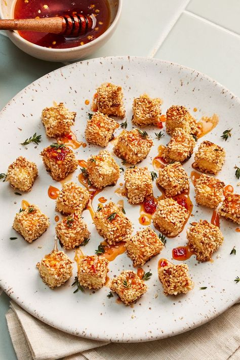 Baked Feta Bites, Hot Honey Feta Bites, Vegetarian Entertaining Recipes, Sesame Feta, Crispy Feta, Feta Bites, Eating Well Recipes, Honey Sesame, Lunch Appetizers