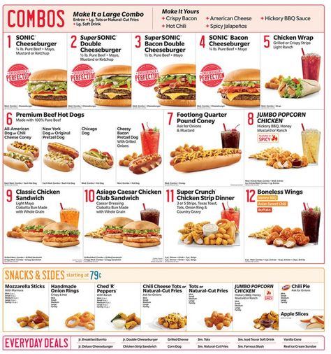 Hamburger Menu Design, Sonic Recipes, Fast Food Birthday, Sonic Food, Sonic Fast Food, Sonic Restaurant, Sonic Menu, Dairy Queen Blizzard, Full Restaurant