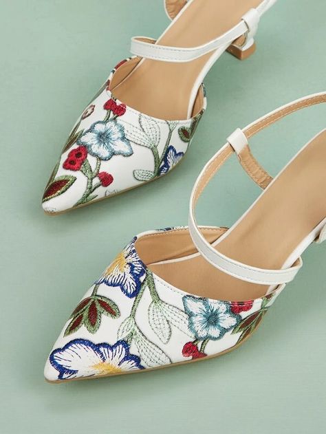 Floral Embroidered Slingback Pyramid Heeled Pumps | SHEIN USA Elegant Floral Embroidery Closed Toe Heels, Elegant Floral Embroidered Closed Toe Heels, White Heels With Floral Embroidery, Traditional Floral Embroidered Summer Heels, White Floral Embroidered Heels, Sling Backs, Women's Pumps, Pumps Heels, Pumps