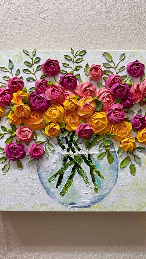 Impasto Painting Ideas, 3d Paint Flowers, Easy Texture Painting, Stucco Art, Textured Flower Art, 4d Art, Impasto Flowers, Roses In Vase, Flower Bouquet Drawing