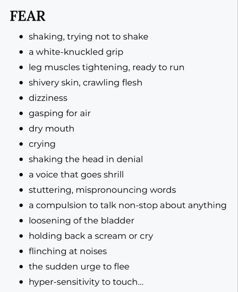 Fears For Your Characters, Emotion Description Writing, How To Show Emotions In Writing, Unique Personality Traits For Characters, Describing Fear Writing, List Of Fears, How To Write A Realistic Panic Attack, Character Fears List, How To Describe Fear