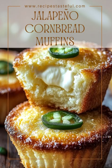 These Jalapeño Cornbread Muffins are a delightful twist on classic cornbread. Each muffin features a creamy, tangy cream cheese filling that complements the spicy kick of jalapeños and the sweetness of corn, making them a perfect side dish or snack. Jalapeno Corn Muffins, Muffins With Cream Cheese Filling, Sweet Cornbread Muffins, Spicy Cornbread, Classic Cornbread, Muffins With Cream Cheese, Cornbread Muffins Recipe, Cornmeal Muffins, Cream Cheese Corn