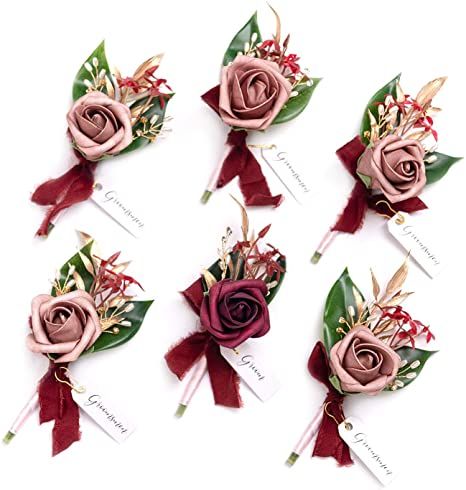 Amazon.com: Ling's moment Marsala Boutonniere for Men Wedding with Pins, Set of 6, Groom and Best Man Boutonniere for Wedding Ceremony Anniversary, Formal Dinner Party and French Rustic Fall Vintage Wedding : Home & Kitchen Wedding Ceremony Chairs, Blue Boutonniere, Boutonnieres Prom, Groomsmen Boutonniere, Prom Flowers, Groom Groomsmen, Emerald Wedding, Foam Roses, Diy Wedding Bouquet