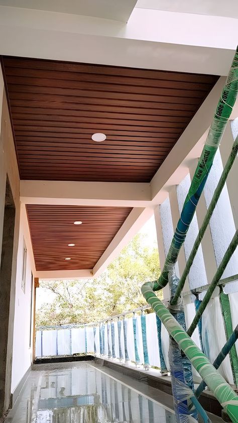 bedroom false ceiling design Roof Celling Idea, False Ceiling For Porch Area, Louvers Fall Ceiling, False Ceiling For Balcony Area, Celing Roof Design Indian, Fall Ceiling Designs Pvc, Pvc Elevation Design, Cove Ceiling Design Living Rooms, Pop Design For Balcony Ceiling