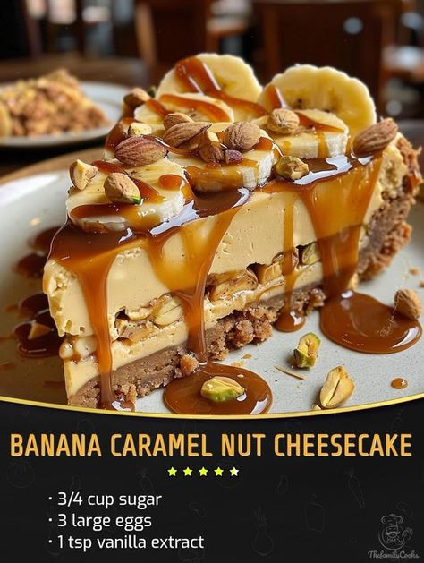 Family Cookbook Recipes | Indulge in a heavenly delight with this Banana Caramel Nut Cheesecake | Facebook Banana Caramel Cheesecake, Banana Caramel, Delicious Cheesecake Recipes, Bee Cakes, Caramel Cheesecake, Family Cookbook, Baked Banana, No Bake Pies, Sweet Desserts