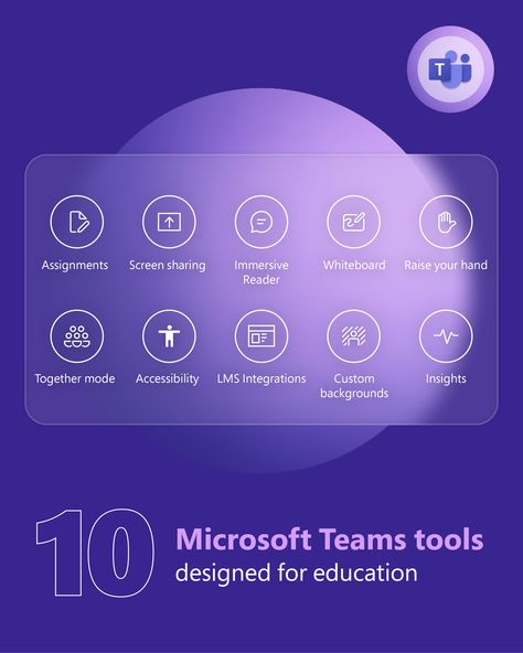 Microsoft Teams logo
Assignments                      Together mode 
Screen sharing                   Accessibility 
Immersive Reader             LMS Integrations   
Whiteboard                         Custom backgrounds
Raise your hand                  Insights 
10 Microsoft Teams tools designed for education Microsoft Certification, Microsoft Word Activities Student, Microsoft Teams, Microsoft Teams Classroom, Microsoft Dynamics 365 Business Central, Microsoft Access Database, Strawberry Shortcake Coloring Pages, Technology Tools, Summer Coloring Pages