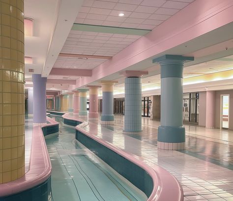 Aesthetic Settings, Liminal Space Aesthetic, Mv Set, 80s Interior Design, Dead Malls, Dreamscape Architecture, Dreamcore Aesthetic, 80s Interior, 80s Pastel