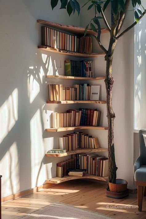 32 Corner Bookshelves That Look Amazing | GoDownsize Decorative Corner, Bookshelves In Bedroom, Corner Bookshelves, Bookshelf Design, Bookshelves Diy, Estantes Flotantes, Minimalist Designs, Minimalist Living, Maximize Space