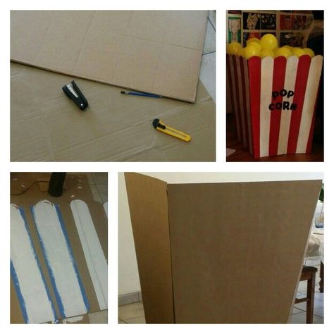 How To Make Giant Popcorn Boxes, Big Popcorn Box Diy, Popcorn Basket Diy, Giant Popcorn Box Diy, Popcorn Box Diy, Balloon Props, Ministry Fair, Mark Birthday, Basket Raffle