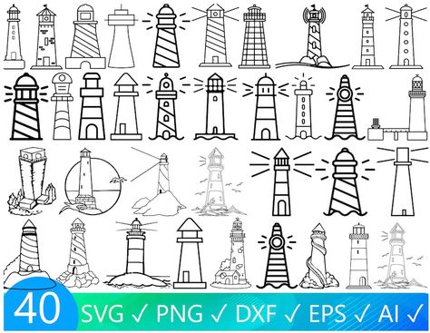 40 Lighthouse Designs Lighthouse Svg Lighthouse Dxf - Etsy Australia Lighthouse Doodles, Doodle Lighthouse, Line Art Lighthouse, Lighthouse Svg, Lighthouse Drawing, Lighthouse Crafts, Doodle Art Flowers, Seaside Art, Lighthouse Painting