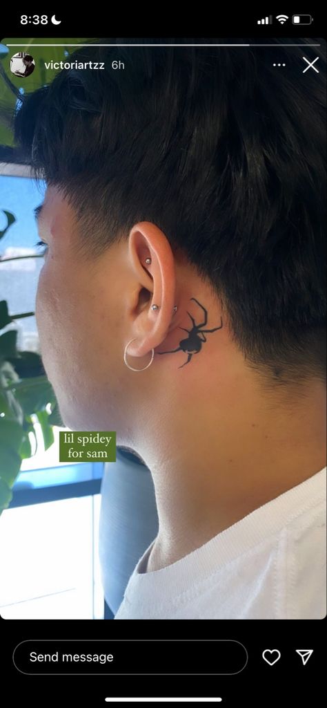 Behind Ear Tattoo Baddie, Spider Behind Ear Tattoo, Behind The Ear Tattoos, Behind The Ear Tattoo, Cute Simple Tattoos, Spider Tattoo, The Ear, Body Modifications, Neck Tattoo