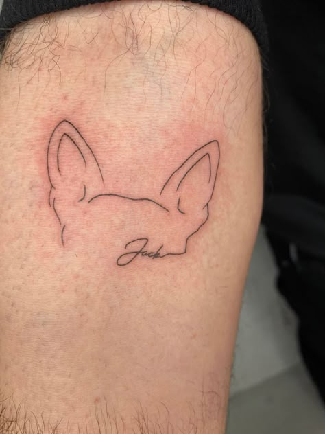 Dog Ear Outline Tattoo With Name, Tattoo Idea For Your Dog, Dog Outline Tattoo Placement, Dog Inspo Tattoo, Chihuahua Memorial Tattoo, Meaningful Dog Tattoos For Women, Boxer Ears Tattoo, Corgi Outline Tattoo, Dog Profile Tattoo