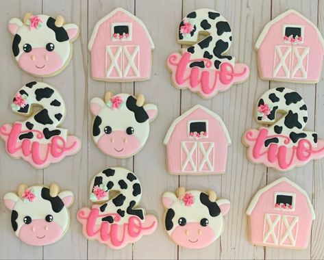 Two Moody Cow Birthday Party, Cute Cow Birthday Cakes, Cow Cookies 2nd Birthday, Pink Cow Birthday Party Food, 4 Ever Moody Birthday Cake, Moo Moo Im Two Cookies, Moo Moo I’m Two Birthday Cake, Farm Animals Birthday Party Girly, Moo Moo I’m Two Cookies