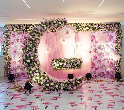 Naming Ceremony Stage Decoration, Credal Ceremony Decoration, Ring Ceremony Stage Decoration, Name Ceremony Decoration, Pellikuthuru Decoration, Name Ceremony, Cradle Decoration, Indian Baby Shower Decorations, Naming Ceremony Decoration