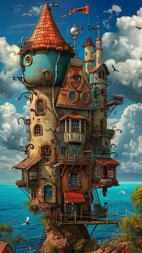 Fantasy House Concept Art, Fantasy House Art, Whimsical Buildings, Fantasy House Concept, Fantasy Dwellings, Vertical House, Paris History, Magic House, Crazy House