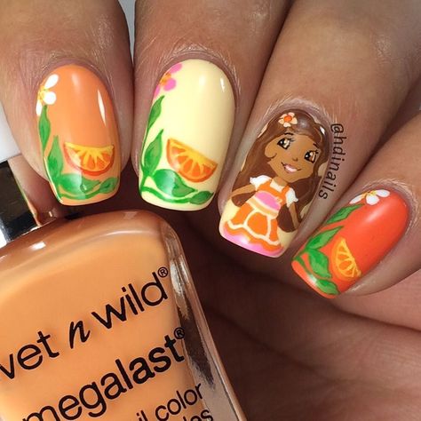 "Orange Blossom" Next form #strawberryshortcake & friends is #orangeblossom she's my daughter's favorite probably because it looks a little bit like her! Products Used: @sally_hansen 'Sub Kissed' #wetnwild 'Sun has Set' @colorclubnaillacquer 'Disco Not Dead' @glistenandglow1 #hkgirltopcoat I also used acrylic paint for the handpainted details with the help of a detailed brush! by hdinails Orange Blossom Strawberry Shortcake, Strawberry Shortcake Nails, Blossom Nails, Animal Print Nails, Sally Hansen, Wet N Wild, Orange Blossom, Strawberry Shortcake, Halloween Nails