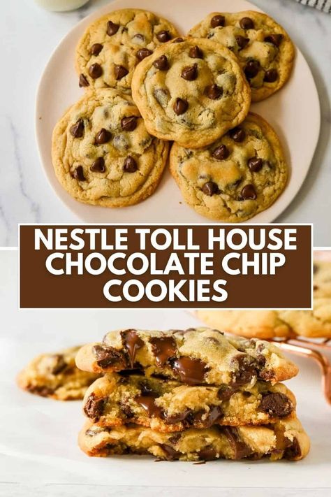 The Best Nestle Toll House Cookie Recipe. How to make the classic Nestle Chocolate Chip Cookie Recipe. This is one of the most popular soft chocolate chip cookie recipes in the world! Nestle Cookie Recipe, Original Toll House Cookie Recipe, Nestle Chocolate Chip Cookie Recipe, Nestle Toll House Chocolate Chip Cookies, Toll House Cookie Recipe, Toll House Chocolate Chip Cookies, Soft Chocolate Chip Cookie, Nestle Tollhouse Chocolate Chip Cookies, Starbucks Banana