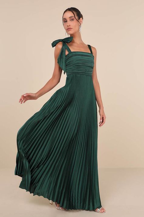 Emerald Satin Dress - Pleated Maxi Dress - Bow Bridesmaid Dress - Lulus 20s Bridesmaid Dress, Christmas Bridesmaid Dresses Green, Sage Green Wedding Guest Outfit, Shoes To Wear With Maxi Dress In Fall, Strapless Pleated Dress, Green Dress Bridesmaid Dress, Wedding Formal Attire Guest, August Bridesmaid Dresses, Bridesmaid Sleeves